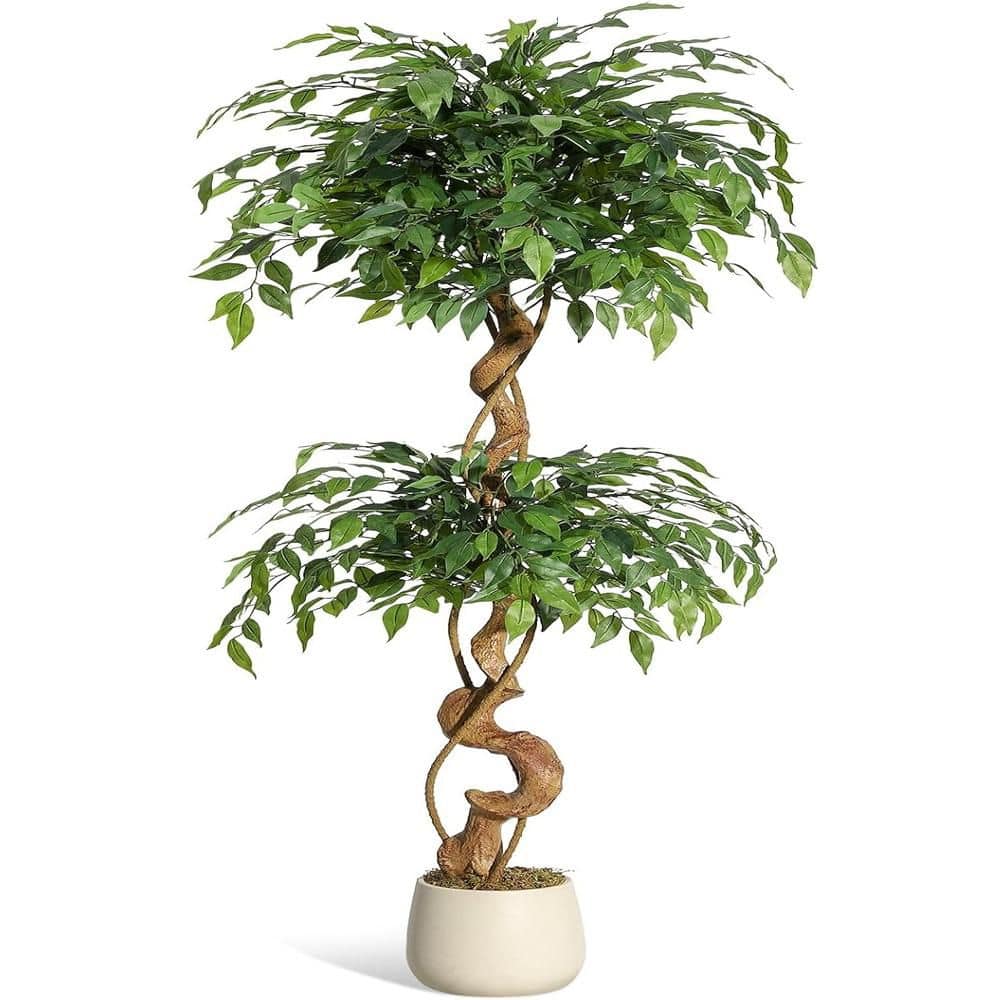 5 ft. Ficus Artificial Tree with Curved Trunk, Faux Plant Fake Silk Trees with White Pot, Fake Ficus Tree price history on PriceWatchPro