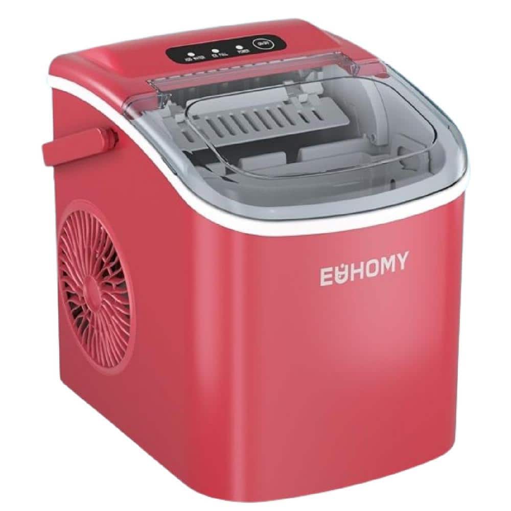 8.74 in. 26 lbs. Stainless Steel Bullet Countertop Portable Ice Maker Machine with Handle, Basket and Scoop, Red