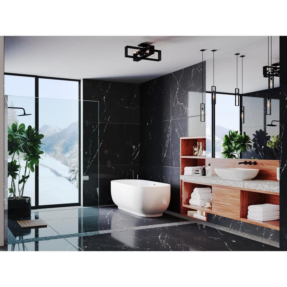Matte Black and Wood 4-Light Flush Mount Ceiling Fixture