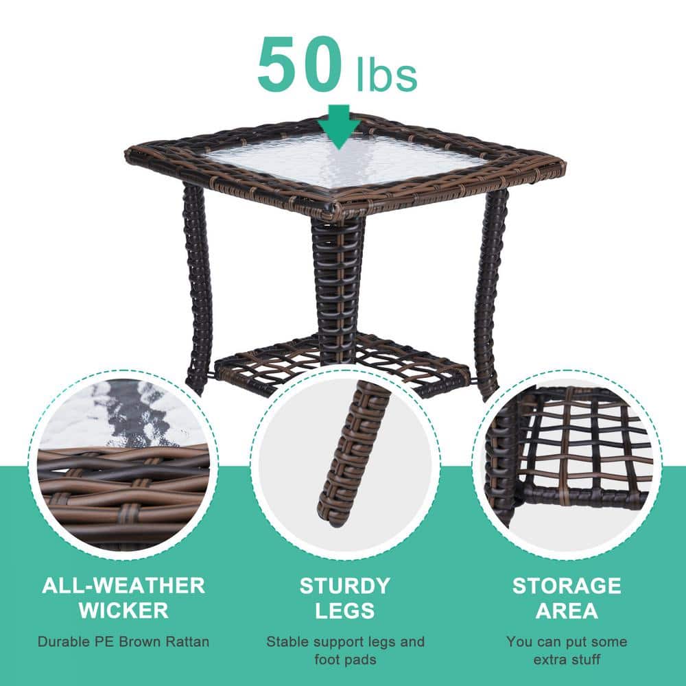 Brown Square Wicker Outdoor Side Table with Glass Top and Steel Frame