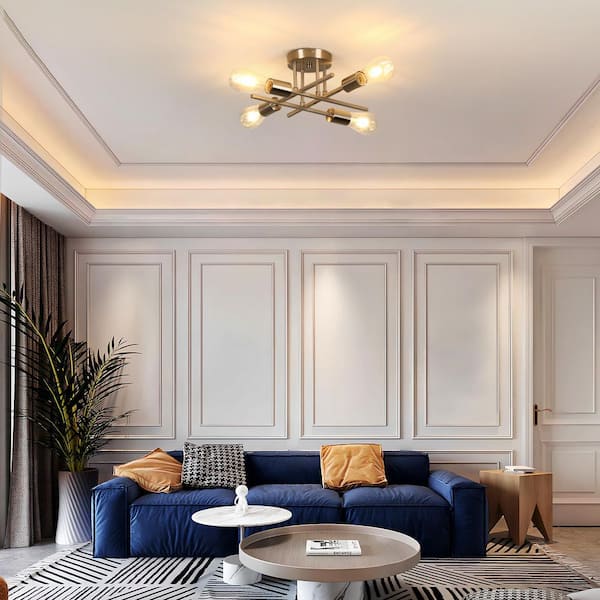 16 in. 4-Light Modern Sputnik Linear Nickel Metal Industrial Farmhouse Semi- Flush Mount Ceiling Lights Chandelier Light