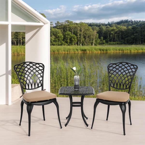 HOMEFUN 3-Piece Patio Black Cast Aluminum Outdoor Bistro Set with Umbrella Hole Table and Chairs with Brown Cushions