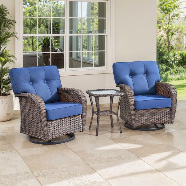 TWrap Brown 3-Piece Wicker Swivel Rocker Patio Conversation Set with 5 in. Thick Navy Blue Cushions and Side Table