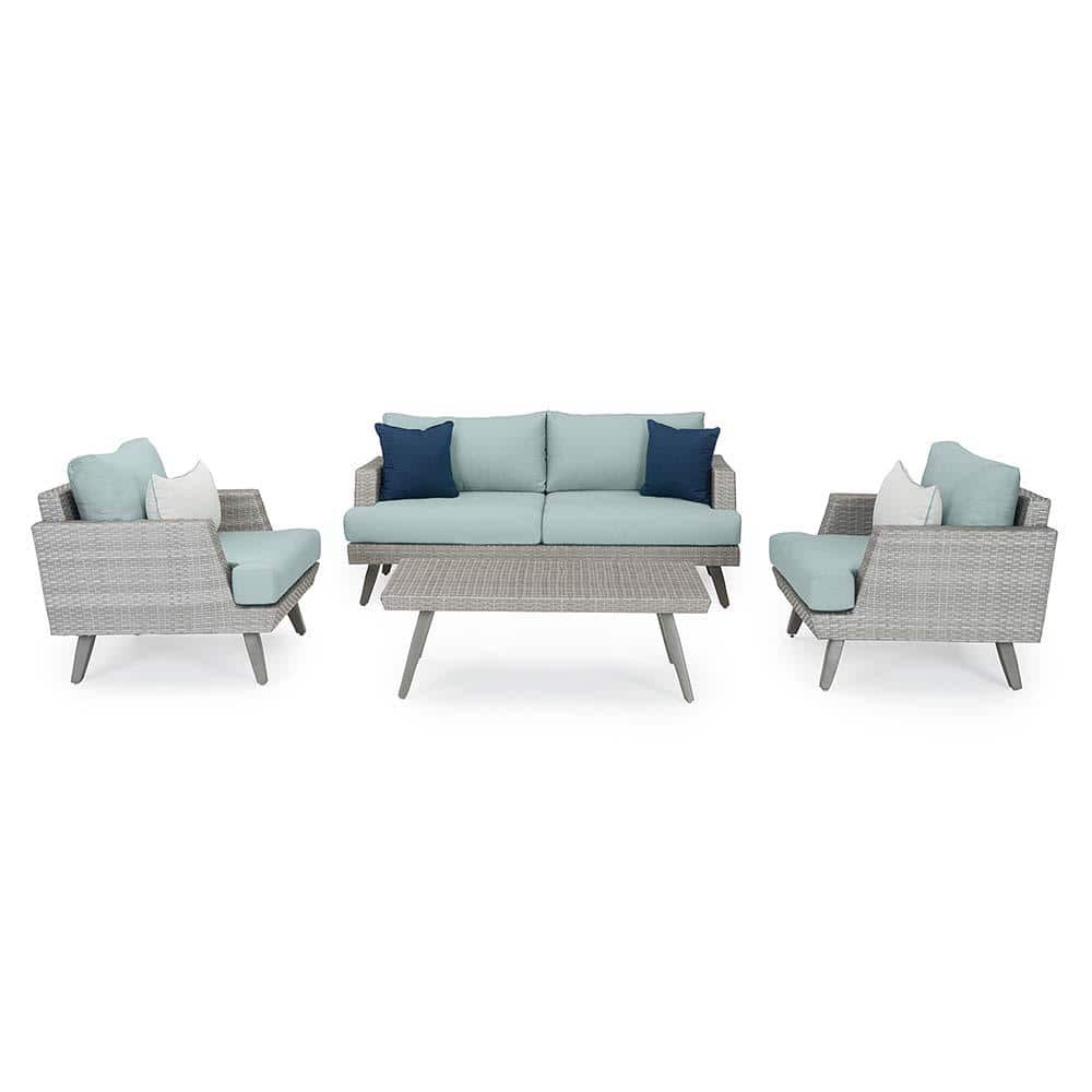 RST BRANDS Portofino Casual Gray 4-Piece Aluminum Patio Conversation Seating Set with Sunbrella Spa Blue Cushions -  HD-840297325482