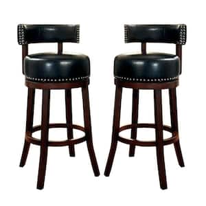 29 in. Dark Oak and Black Low Back Wooden Frame Bar Stool with Leather Seat(Set of 2)