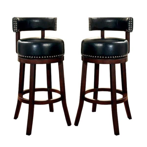 Benjara 29 in. Dark Oak and Black Low Back Wooden Frame Bar Stool with Leather Seat(Set of 2)