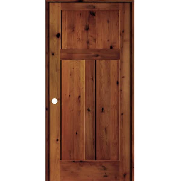 Krosswood Doors 28 in. x 80 in. Craftsman Knotty Alder 3-Panel Right-Handed Red Chestnut Stain Solid Wood Single Prehung Interior Door