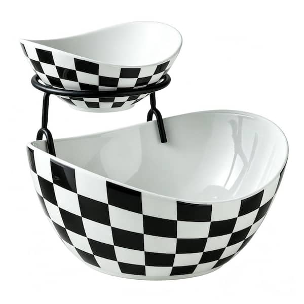 Black and White Pattern Ceramic 8 in. 45 fl. oz. Tiered Serving Bowls Chip and Dip Serving Set with Stand Set of 2