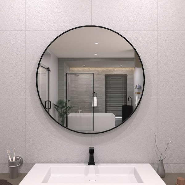 TaiMei 32 in. W x 32 in. H Round Framed Wall Bathroom Vanity Mirror in Matte Black