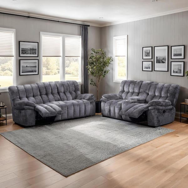 Encant 2-Piece Dark Gray Fabric Manual Reclining Sofa Set with USB Charging Ports and Wide Track Pillow Top Arms