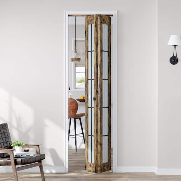 24 in. x 80 in. Full Lite Frosted Glass Brown Finished Solid MDF Bi-Fold Door with Hardware Kit