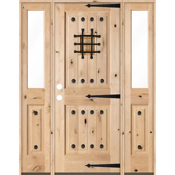 Krosswood Doors 58 in. x 80 in. Mediterranean Alder Sq-Top Clear Low-E Unfinished Wood Right-Hand Prehung Front Door with Half Sidelites