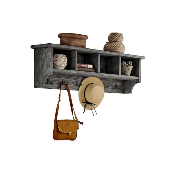 Alaterre Furniture Pomona 48 in. Slate Gray Wall-Mounted Coat Rack, Solid Wood and Metal Entryway Organizer with 6-Hooks and 4-Cubbies
