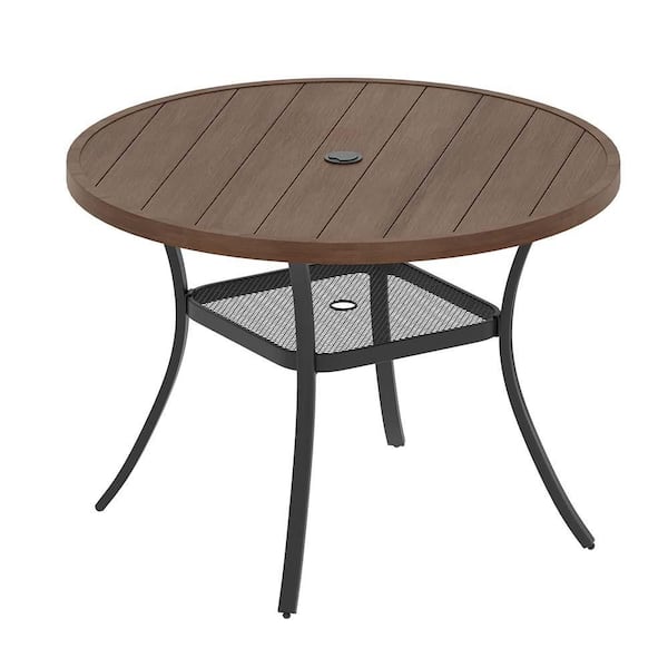 Sudzendf Brown Round Metal Outdoor Dining Table with Umbrella Hole and Storage Shelf for 4 People