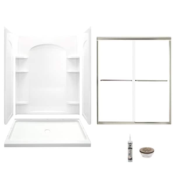 STERLING Ensemble 35.25 in. x 60 in. x 75.25 in. Center Drain and Backers Alcove Shower Kit in White and Brushed Nickel