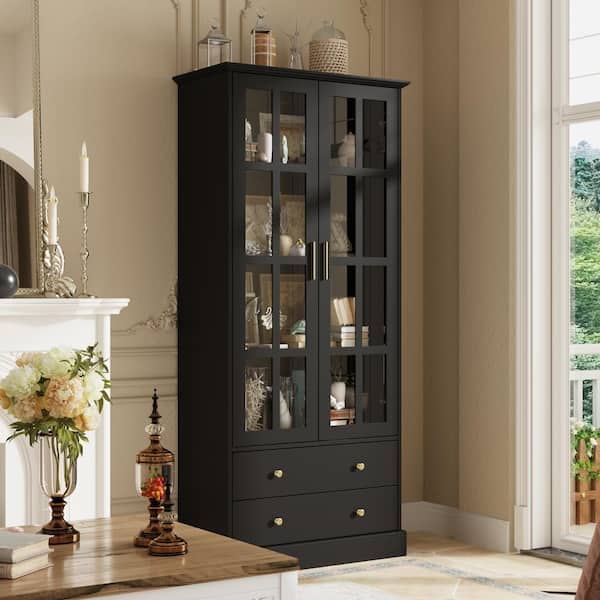 FUFU&GAGA Black 70.1 in. H Office Storage Cabinet Cupboard with Tempered Glass Doors, 2-Drawers and Anti-Dumping Device