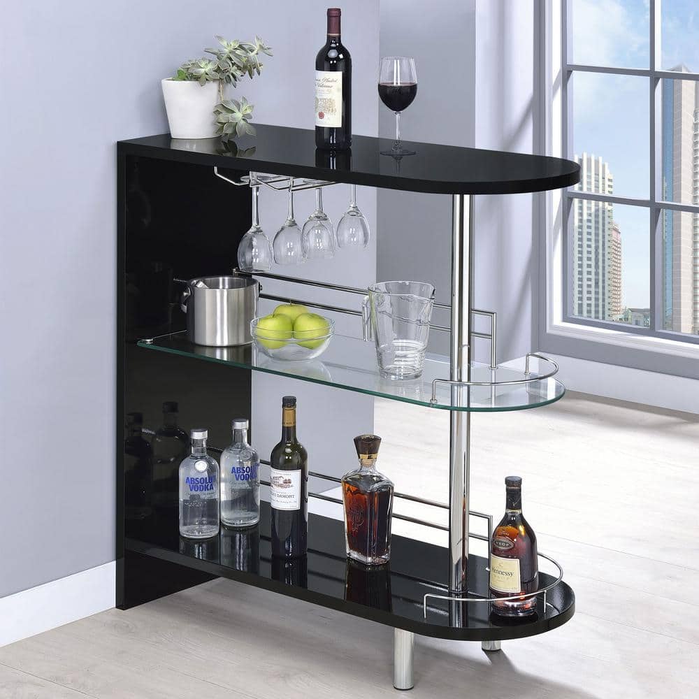 Contemporary Glossy Black Glass-Top Bar Table with Stemware Storage