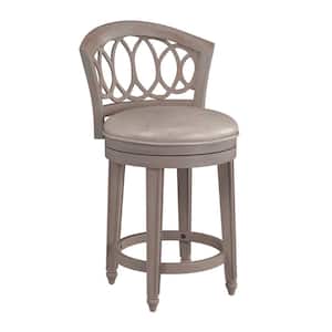 Adelyn Wood 39 in. Antique Graywash with Putty Beige Fabric Counter Height Swivel Stool