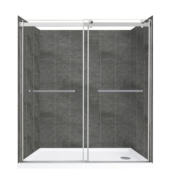 CRAFT + MAIN Lagoon Dbl Roller 60 in. L x 32 in. W x 78 in. H Right Drain Alcove Shower Stall Kit in Slate and Silver Hardware