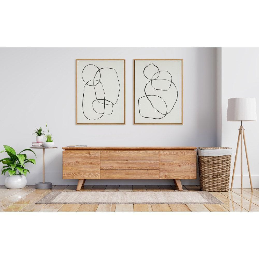 Natural Abstract Black Line Art on Canvas Set of 2