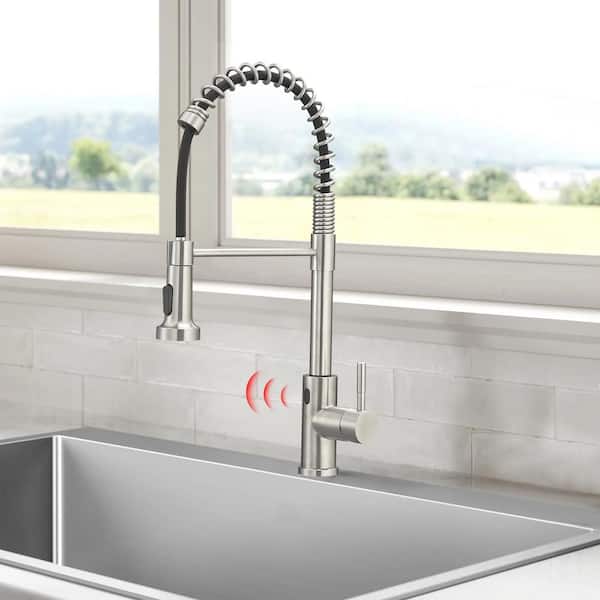 Commercial Touchless Single Handle Spring Pull Down Sprayer Kitchen Faucet with Power Clean in Brushed Nickel