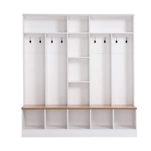 Modern White Hall Tree with Storage Bench, Shelves, Hooks Wide Hall Tree Hallway Bench Functional 4 in 1 Coat Rack
