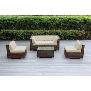 Ohana Mixed Brown 5-Piece Wicker Patio Seating Set with Sunbrella Antique Beige Cushions