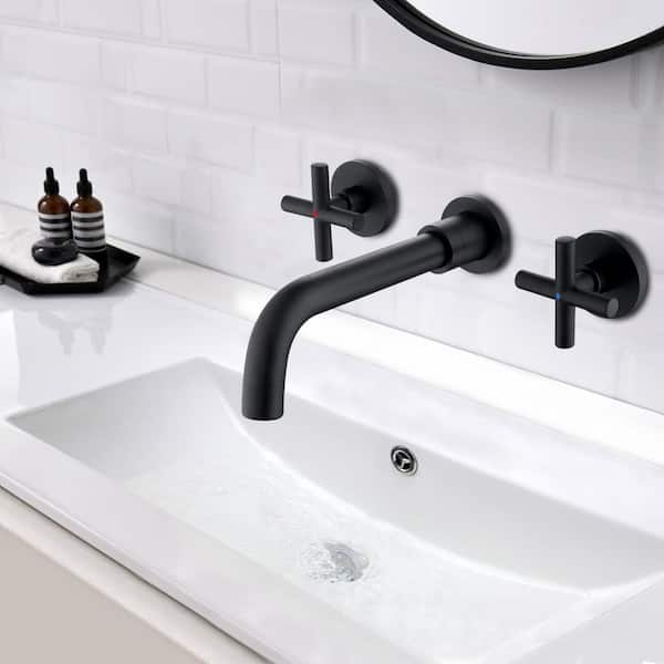 2-Handle Wall Mount Bathroom Faucet with Cross Handles in Matte Black