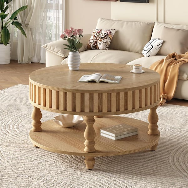 Harte 31.49 in. Natural Round MDF Fluted Coffee Table with Storage, Flip-Top Lids, Open Shelf
