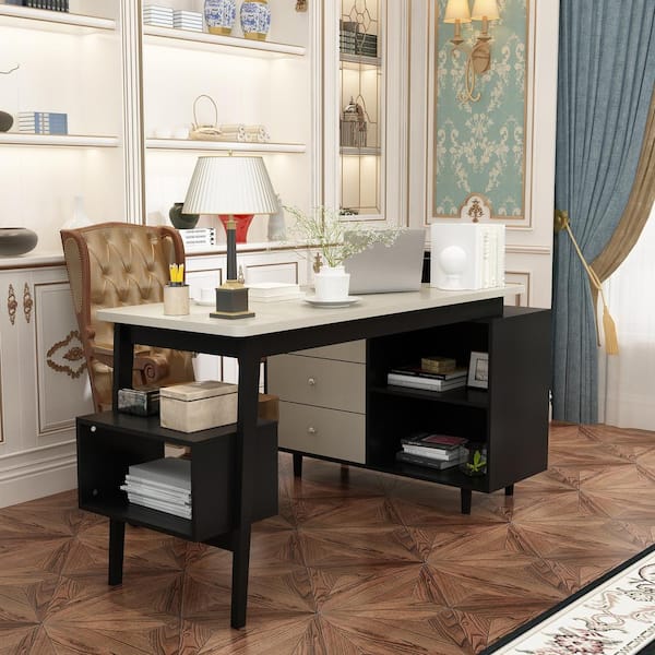 FUFU&GAGA 55.1 in. Width L-shaped Black & Gray Wood Grain Wooden 3-Drawer Writing Desk, Computer Desk with Shelves Storage