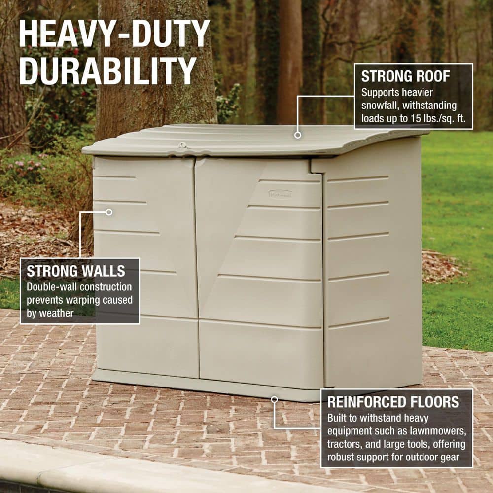 Beige and Gray Resin Horizontal Storage Shed with Shelving