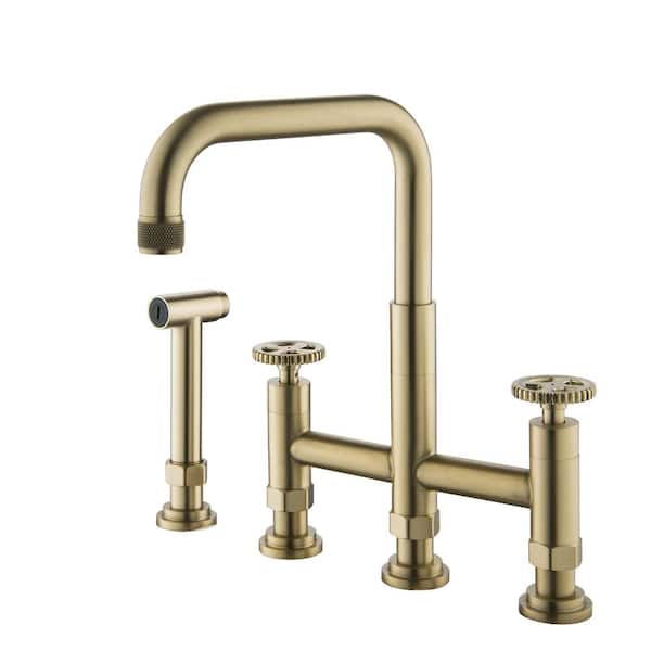 FLG Double Handle Bridge Kitchen Faucet with Side Sprayer 4 Holes 304 Stainless Steel Kitchen Sink Faucets in Brushed Gold