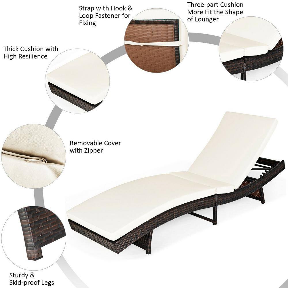 Adjustable White Cushioned Rattan Folding Chaise Lounge Chair