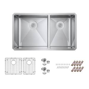 Bryn Stainless Steel 16- Gauge 30 in. Double Bowl Undermount Kitchen Sink with Bottom Grid and Drain