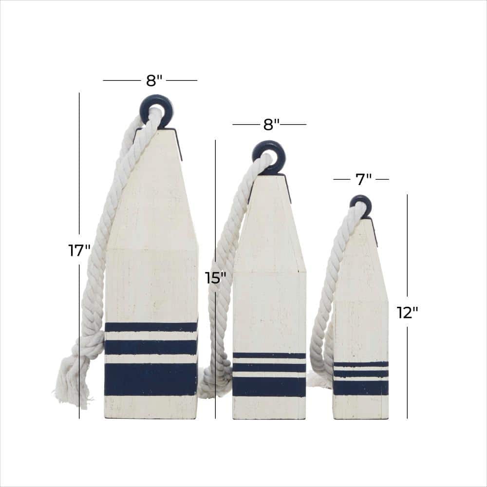 White and Navy Wood Buoy Sculptures with Rope Accents, Set of 3
