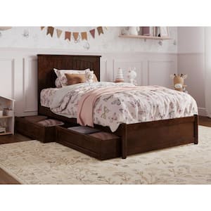Malta Walnut Brown Solid Wood Frame Twin Platform Bed with Panel Footboard and Storage Drawers