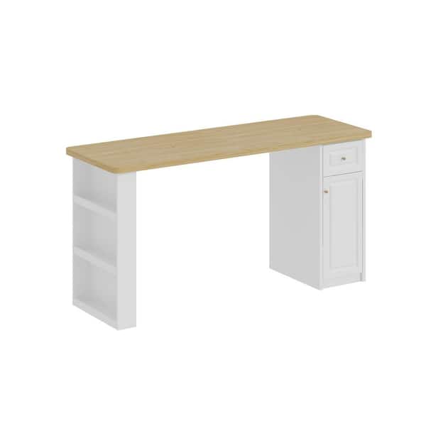 White Wood 82.68 in. Kitchen Island with Drawer, Cabinet and Side Storage Shelf