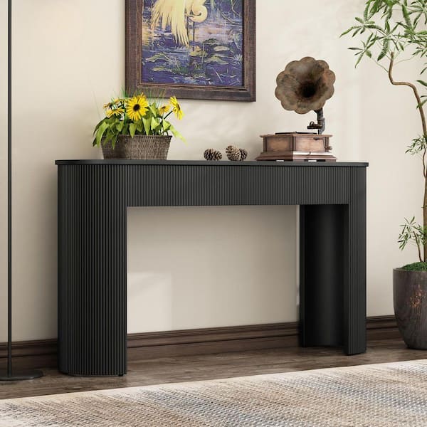 Qualler 54 in. Black Fluted Oval Wood Console Table Entryway Table