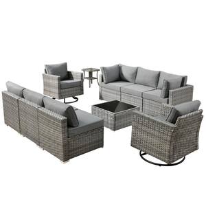 Messi Gray 10-Piece Wicker Outdoor Patio Conversation Sectional Sofa Set with Swivel Chairs and Dark Gray Cushions