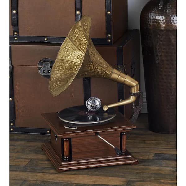 Litton Lane Copper Wood Functional Gramophone with Record