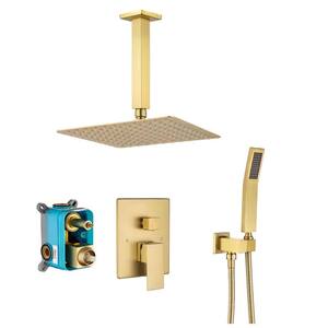12 in. Ceiling Mounted Single-Handle 3-Spray Square High Pressure Shower Faucet in Gold(Valve Included)