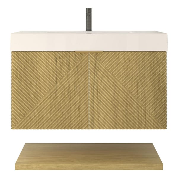 Stella 35 in. W x 20 in. D x 22 in. H Single Sink Teak Oak Bath Vanity with White Acrylic Top Floating Lower Shelf