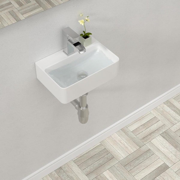 LORDEAR 14 in. Wall Mount Floating Rectangular Lavatory Vanity Vessel Sink in White with Single Faucet Hole