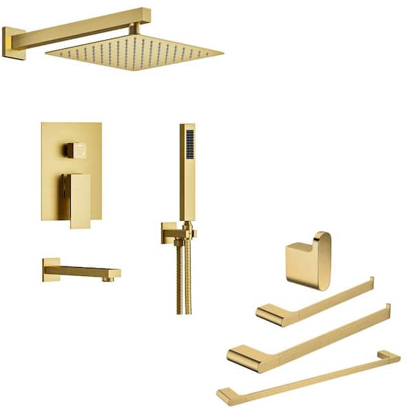 YAWWALK 10 in. Double Handles 3-Spray Tub and Shower Faucet 2.5 GPM and Towel Racks in Brushed Gold Valve Included