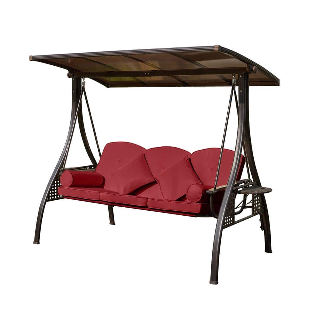 77 in. 3-Person Brown Metal Patio Swing with Wine Red Cushion and Adjustabl