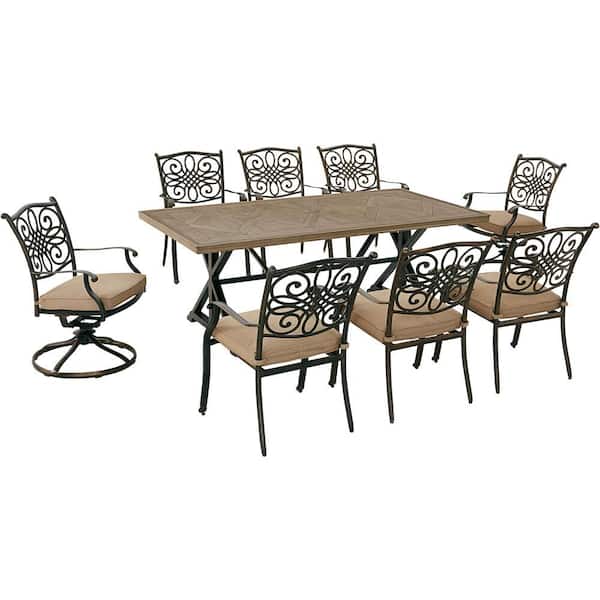 Hanover Traditions 9-Piece Aluminum Outdoor Dining Set with Tan Cushions, 6 Chairs, 2 Swivel Rockers and Tile-Top Table