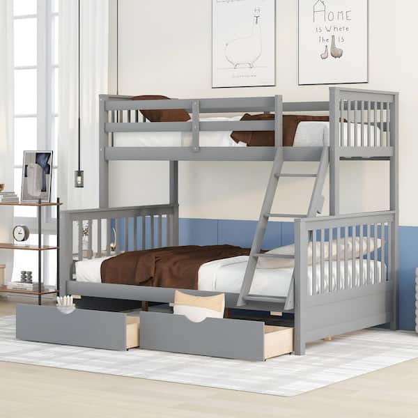 Qualler Gray Twin Over Full Bunk Bed with Ladders and Two Storage Drawers