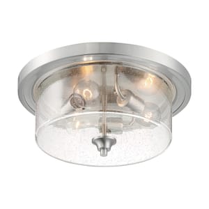 Bransel 15 in. 3-Light Brushed Nickel Transitional Flush Mount with Clear Seeded Glass Shade, No Bulbs Included