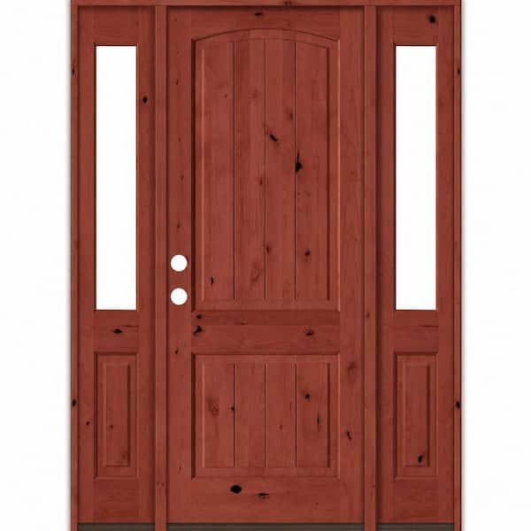 70 in. x 96 in. Knotty Alder Arch Top Right-Hand/Inswing Clear Glass BEHR Amaretto Stain Wood Prehung Front Door w/ DHSL