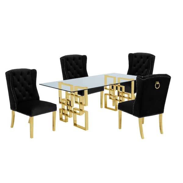 Best Quality Furniture Dominga 5-Piece Glass Top with Stainless Steel and Set with 4-Black Velvet Chairs